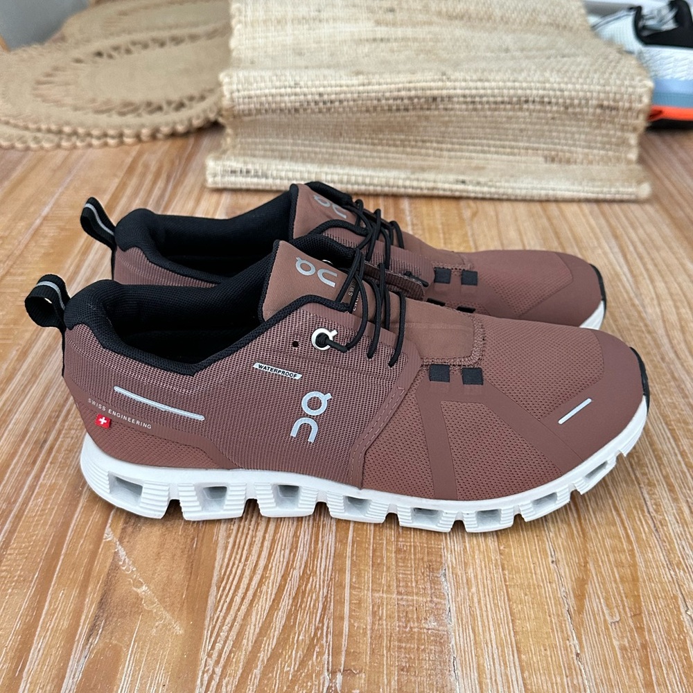 On Running Chocolate Brown and White Athletic Shoes